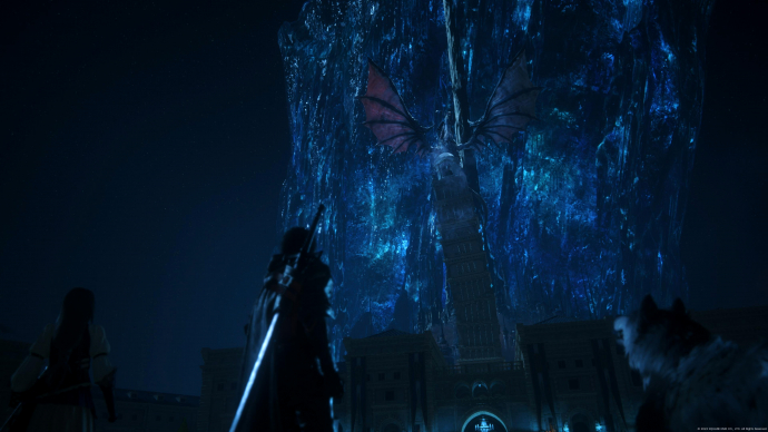 Final Fantasy 16 взгляд на Багамута на фоне кристалла